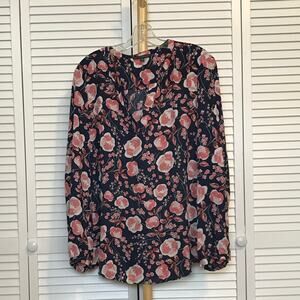 Adrianna Papell Floral Sheer V-Neck Long Sleeve Blouse XL